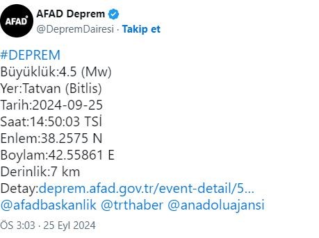Bitlis'te 4.7 büyüklüğünde deprem